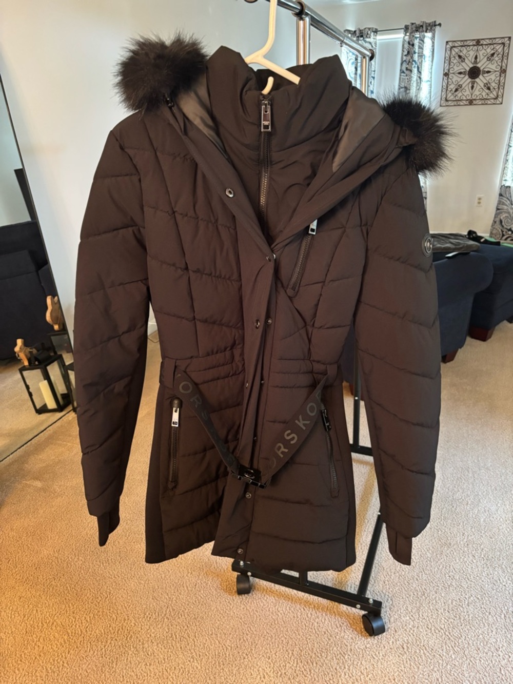 Michael Kors Black Quilted Puffer Coat with Faux Fur Trim Hood Sz L